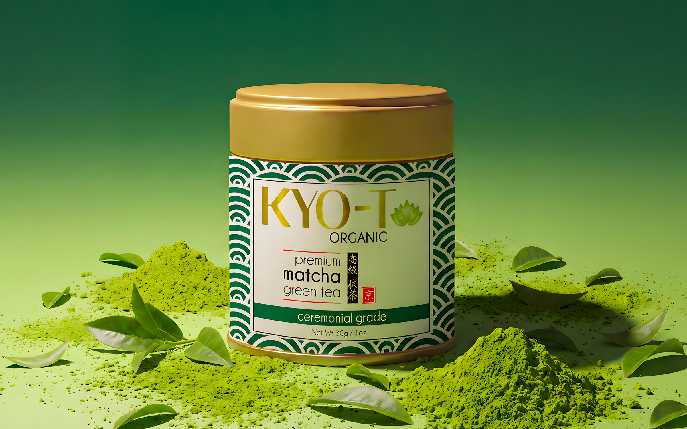 KYO-T Japanese matcha tin packaging with matcha powder and leaves
